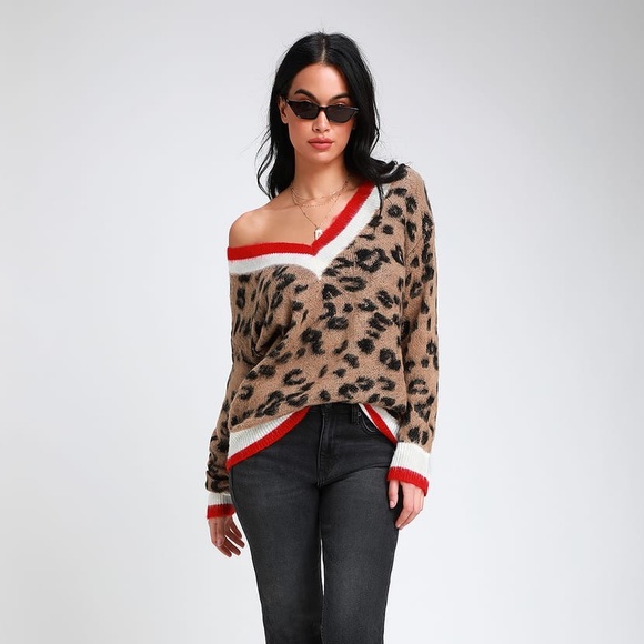 Instinct Leopard Print Color Block V-Neck Sweater - Picture 1 of 4